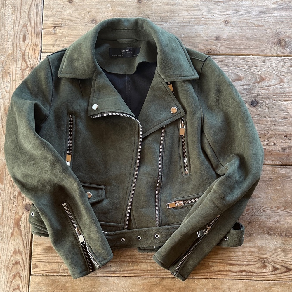 Zara Dark Olive Suede Moto Jacket